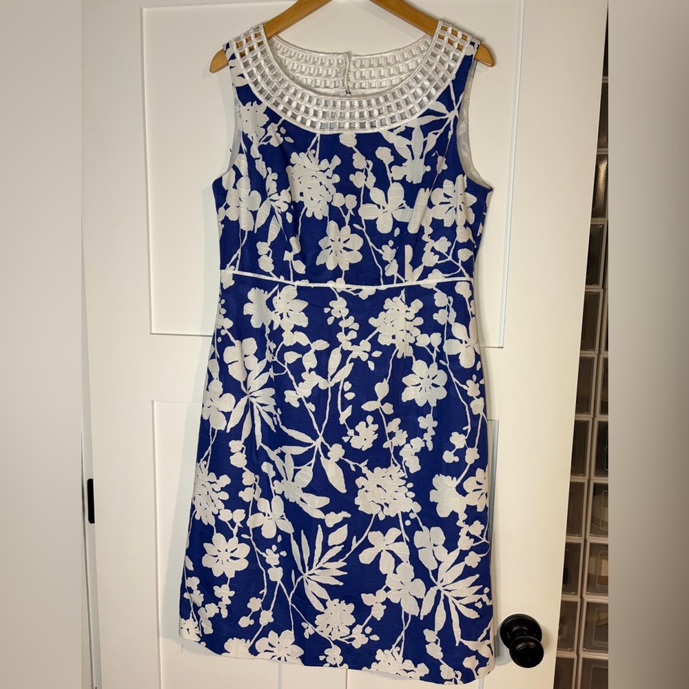 Jessica Blue and White Floral Embroidered Neckline Dress NWT‎